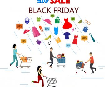 Black Friday Sale Banner Elements People Pushing Carts