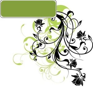 绿色标签矢量设计元素上的黑色剪影花卉艺术