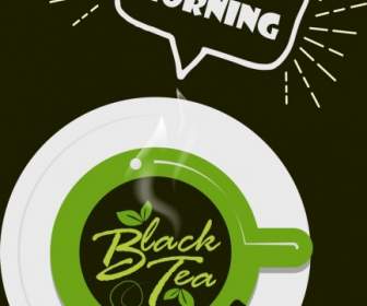 Black Tea Banner Green Cup Icon Calligraphic Decor