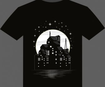 camiseta negra diseño edificios luz de luna estrellas brillantes decoración