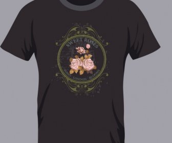 Black Tshirt Template Pink Roses Decoration Classical Style