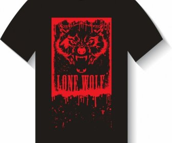 Black Tshirt Modello Icona In Stile Terribile Lupo Rosso