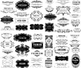 Black Vintage Ornaments With Labels And Ribbon Vector