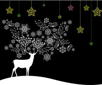 Black White Christmas Background With Deer And Coloured Stars