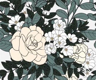 Lukisan Bunga Mekar Sketsa Klasik Digambar Tangan