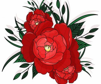 Flor Florescente Pintura Clássica Esboço Verde Vermelho