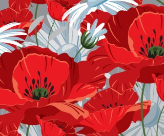 Bunga Mekar Lukisan Dekorasi Closeup Klasik Merah Putih