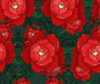 Pola Bunga Mekar Dekorasi Hijau Merah Klasik