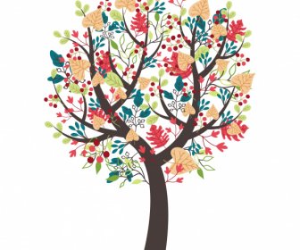 Ikon Pohon Mekar Warna-warni Datar Digambar Tangan Sketsa