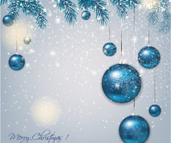 Blaue Weihnachten Hintergrund Mit Tannengrün Und Kugeln.
