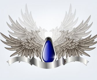 Blue Glossy Shield With Wing And Ribbon