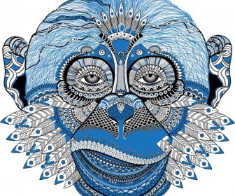 Blue Legendary Monkey Vector Illustration With Gaudy Decoration
