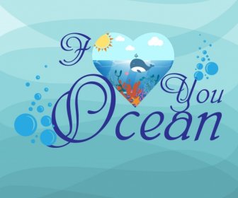 Blue Ocean Background Calligraphic Texts Decoration Heart Icon