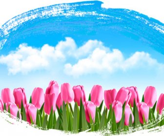 Blue Sky With Tulip Spring Background Vector