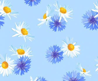 Blue With White Flower Vector Seamless Pattern