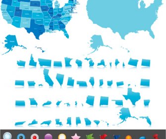 Blaue Weltkarte Mit Symbol Vektor