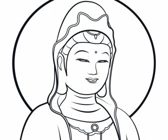 Bodhisattva Guan Yin Icon Black White Handdrawn Sketch