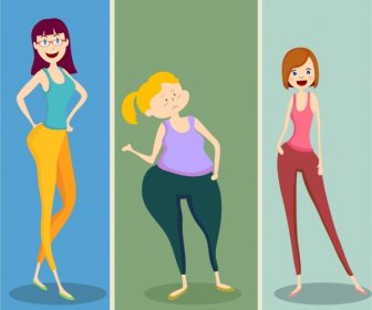 Body Fitness Icons Cartoon Girl Characters