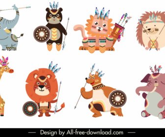 Boho Animals Icons Funny Stylized Cartoon Characters