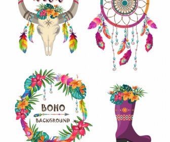 Boho Decorative Icons Colorful Bull Dream Catcher Flowers