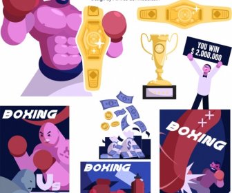 boxing design elements boxers cup money icons sketch