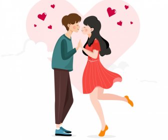 Anak Laki-laki Dan Perempuan Mencintai Valentine Ikon Hati Ciuman Sketsa