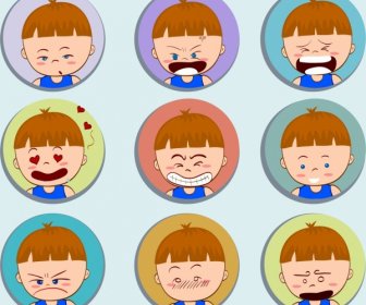 Boy Emotional Faces Icons Collection Round Isolation