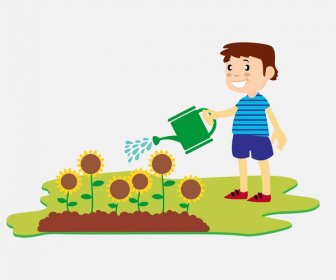 Boy Watering Flowers Vector Illustration In Flat Design