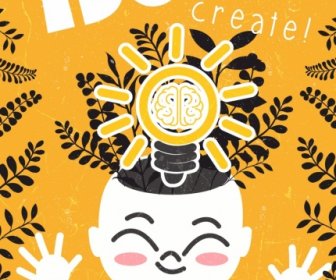 Brain Concept Background Kid Lightbulb Icons Yellow Retro