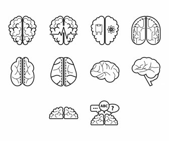 brain icon sets flat black white outline