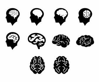 Brain Icons Sets Flat Black White Silhouette Outline