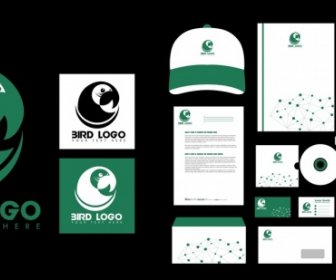 هوية العلامة التجارية مجموعات الطيور الخضراء تصميم شعار