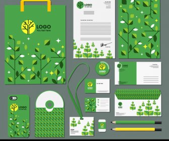 Branding Identity Sets Green Ecological Leaves Decor