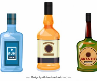 Iconos De Botellas De Brandy Coloreados Planos Boceto Clásico
