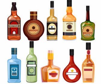 Brandy Bottles Icons Colored Flat Sketch