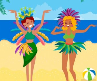 Brezilya Arka Plan Kadın Dansçı Beach Simgeleri Tasarım Karikatür
