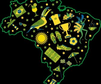 Decori Di Simboli Di Brasile Sfondo Verde Giallo Mappa