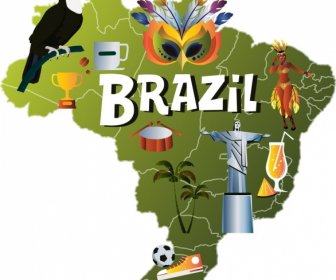 ícones De Futebol Do Brasil Fundo Mapa Papagaio Máscara Estátua