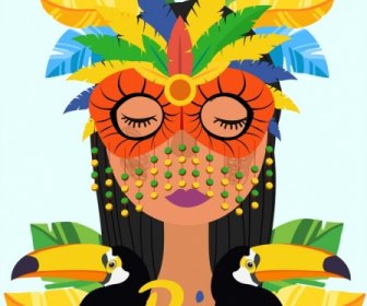 Brezilya Karnavalı Afiş Bayan Maskesi Papağan Simgeleri Dekor