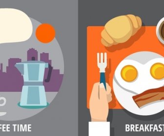 色の記号で朝食とコーヒーの時間デザイン