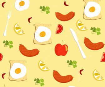 Frühstück Hintergrund Ei Wurst Apfel Tomate Zitrone Symbole