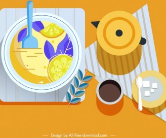 朝食の背景、食べ物のアイコン、カラフルなクラシックなデザイン