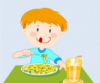 Breakfast Background Little Boy Enjoying Food Cartoon Design