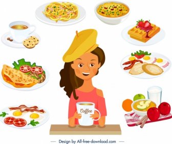 Frühstück Hintergrund Junges Mädchen Küchen Symbole Dekor
