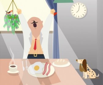 Kahvaltı Afişi Esneyen Adam Ev Iç Mekanları Karikatür Tasarımı