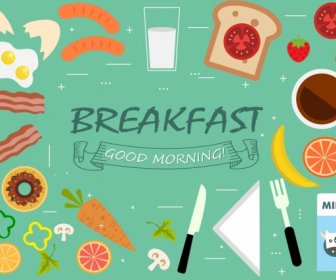 早餐食物的廚具設計元素的扁平化圖標設計