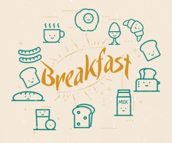 아침 식사 디자인 요소 다양한 음식 아이콘 플랫 스케치