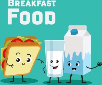 様式の朝食食品広告サンドイッチ牛乳アイコン化されたデザイン