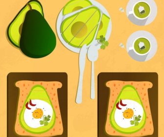 Breakfast Meal Theme Avocado Egg Tea Icons Decoration
