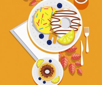 Breakfast Painting Colorful Food Dishware Icons Decor